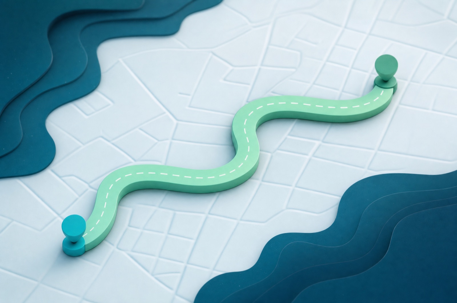 Un trajet tracé entre un point de départ et un point d'arrivée sur un plan de ville